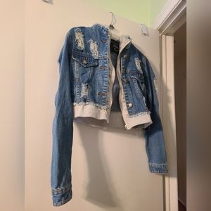 American Bazi cropped Jean Jacket with Sweatshirt trim and Hoodie - Sz Med